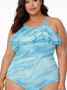 Lands End boho beach turquoise wave one piece ruffle neckline 16